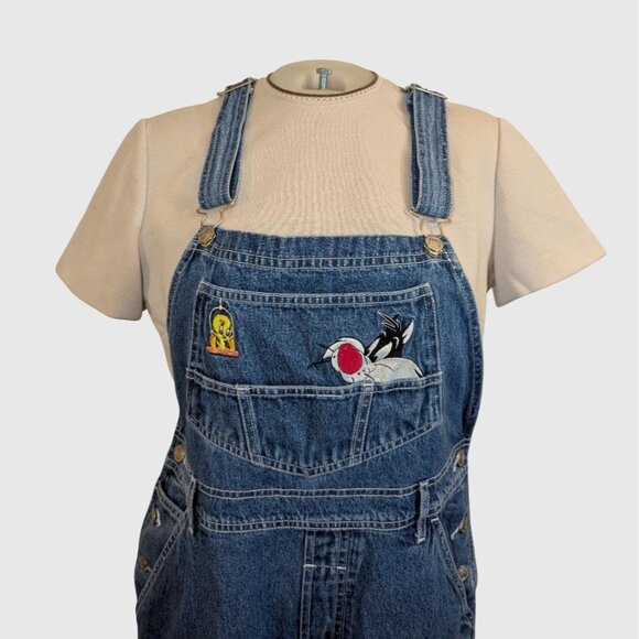 Looney Tunes Women's Y2K Overalls - Embroidered Tweety and Sylvester Bib - Picture 1 of 8